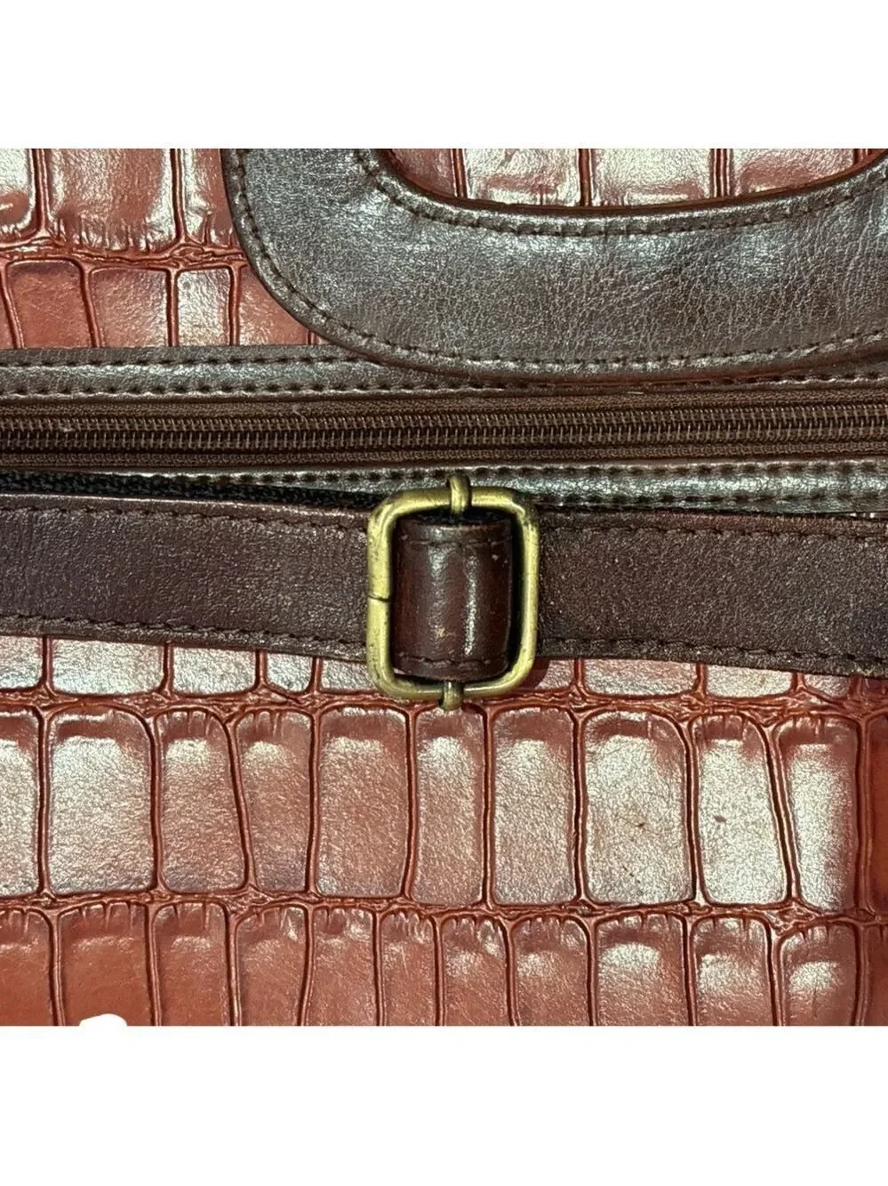 90s MARC CHANTEL BROWN CROC EMBOSSED LEATHER BRIFCASE BAG & SILVER TONE DETAILS